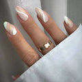 Golden Lines plaid pattern false nail stickers in medium drop shape with adhesive glue