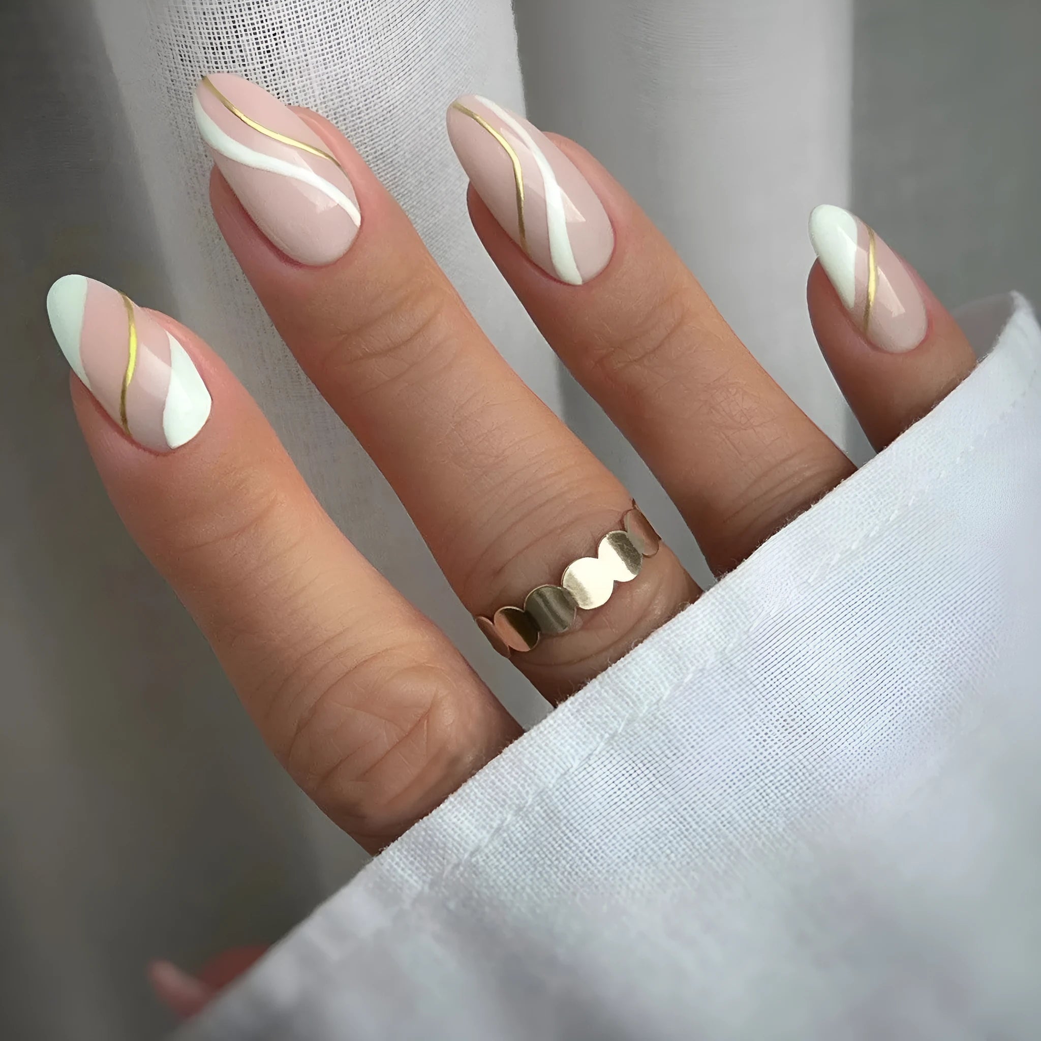 Golden Lines plaid pattern false nail stickers in medium drop shape with adhesive glue