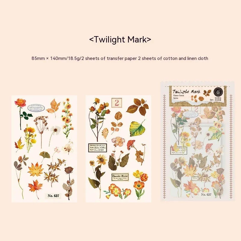 Huazhisen Series sticker material pack showing forest label designs on transfer paper and cotton linen sheets