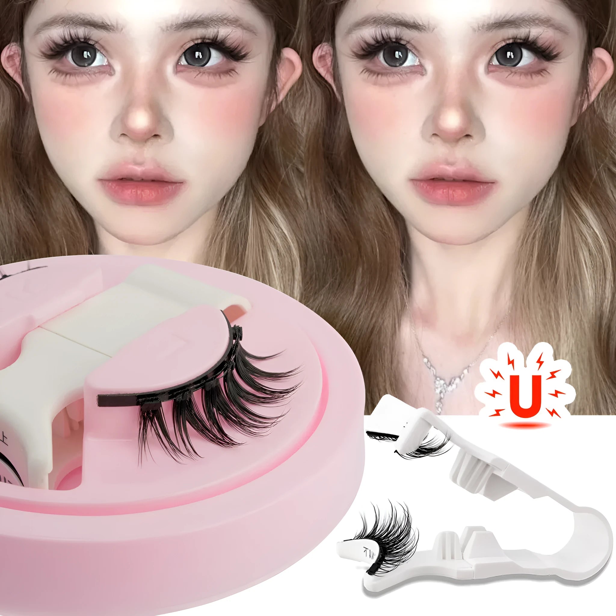 Set of reusable waterproof false eyelashes with artificial fibre strands, shown in five size options.