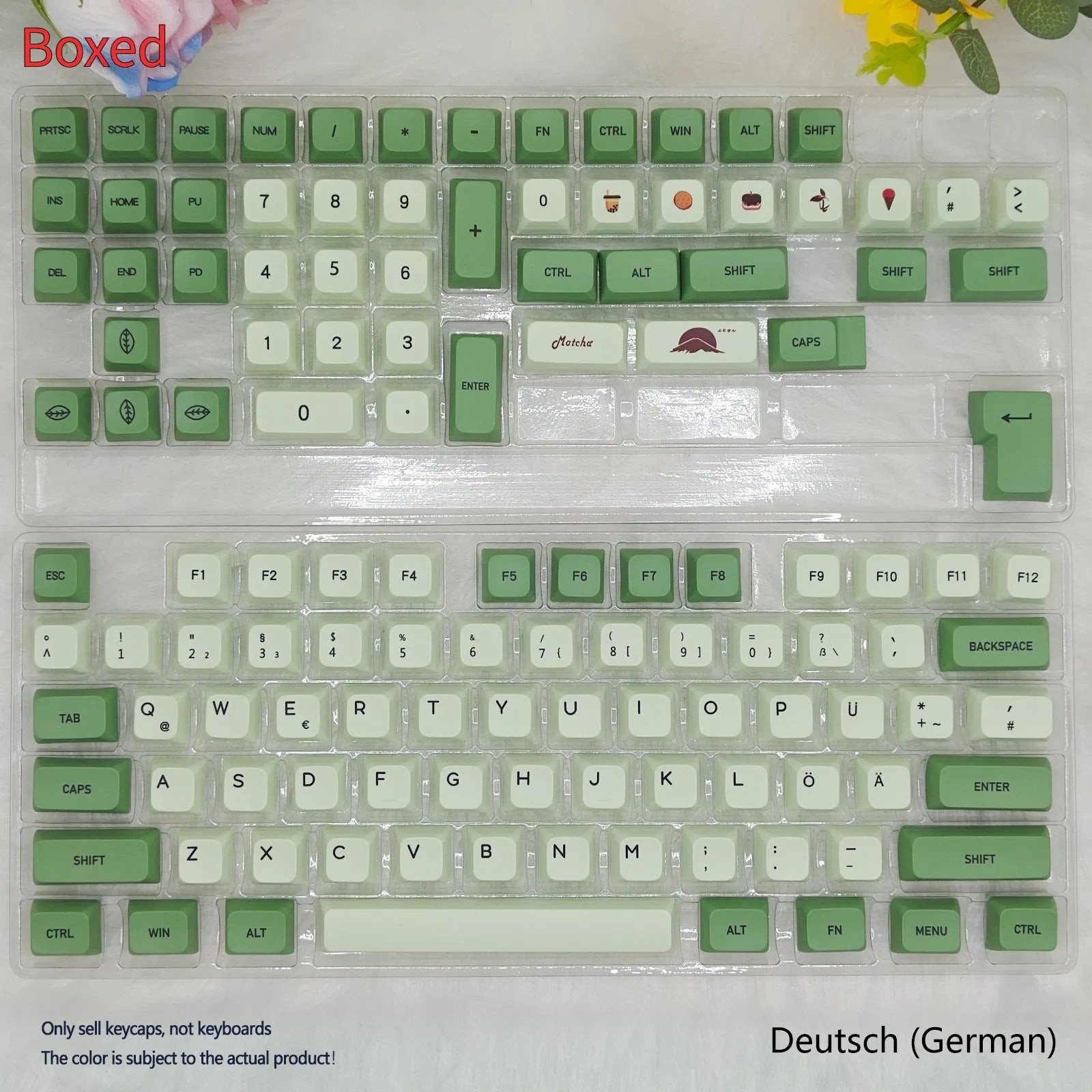 Matcha green PBT keycap set with 124 keys for mechanical keyboards, showing sublimation dye legends.