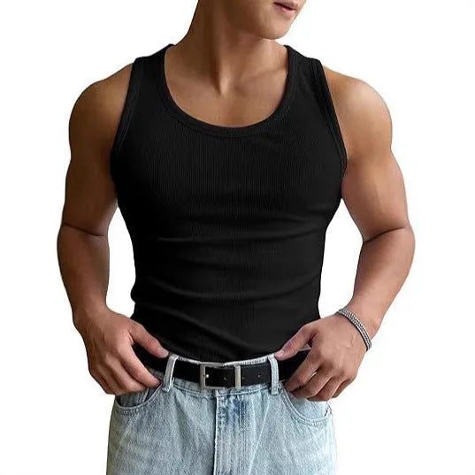 Men's tight-fitting round neck fitness T-shirt in black, made from polyester with a wool lining.
