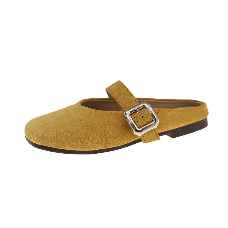 Women's flat closed toe half slippers in PU with rubber sole and square toe shape