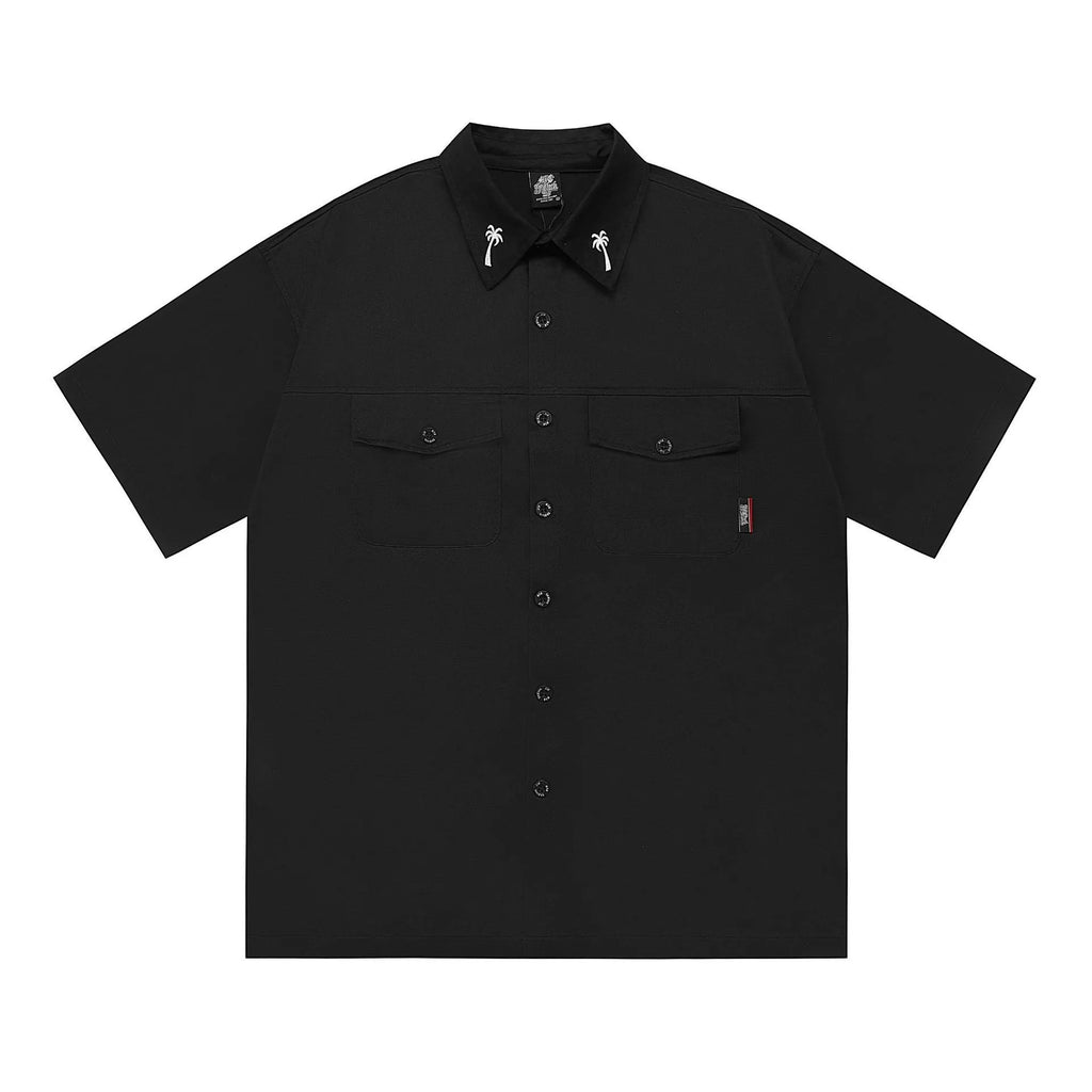 Men's black plus-size loose fit cotton blend shirt with embroidered pocket detail and half sleeves