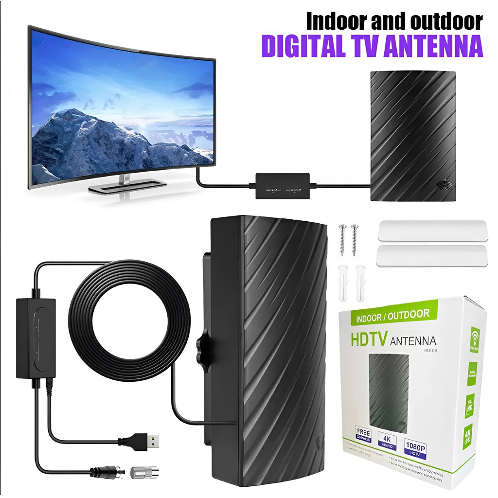 Black plastic digital television antenna with mounting accessories on white background