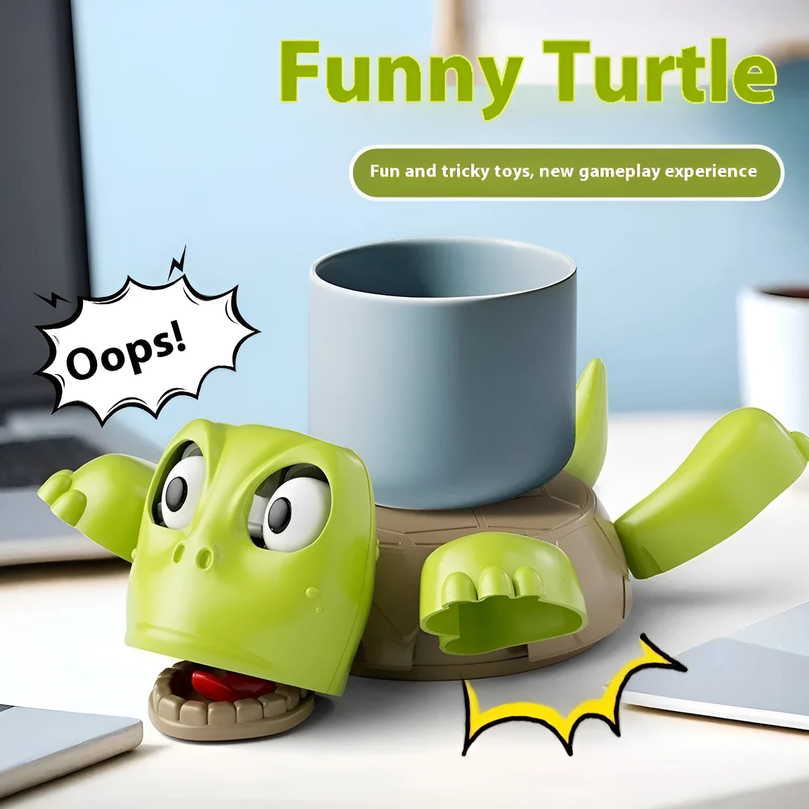 Turtle-shaped ceramic style coaster in green and yellow colours on a wooden table