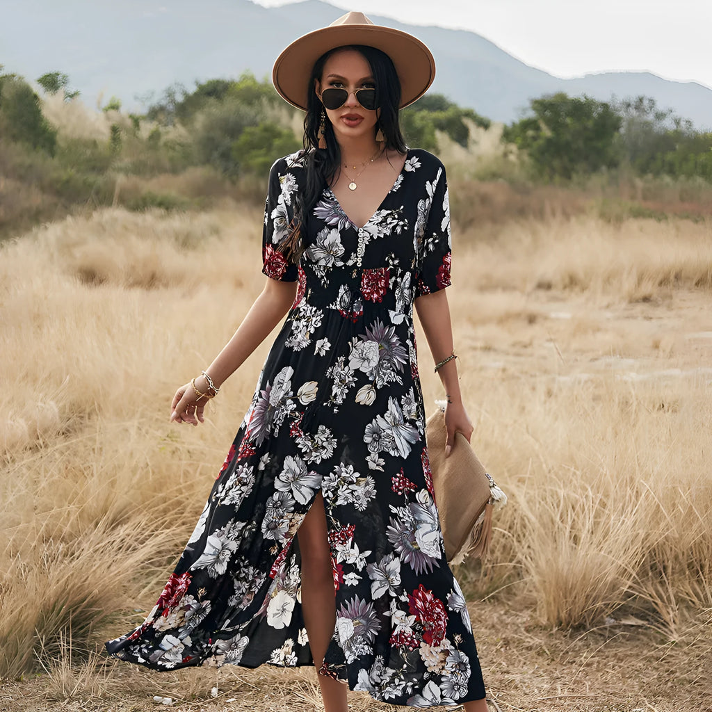 Floral print summer dress with V-neck and elastic high waist in yellow colour