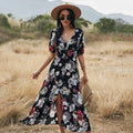 Floral print summer dress with V-neck and elastic high waist in yellow colour