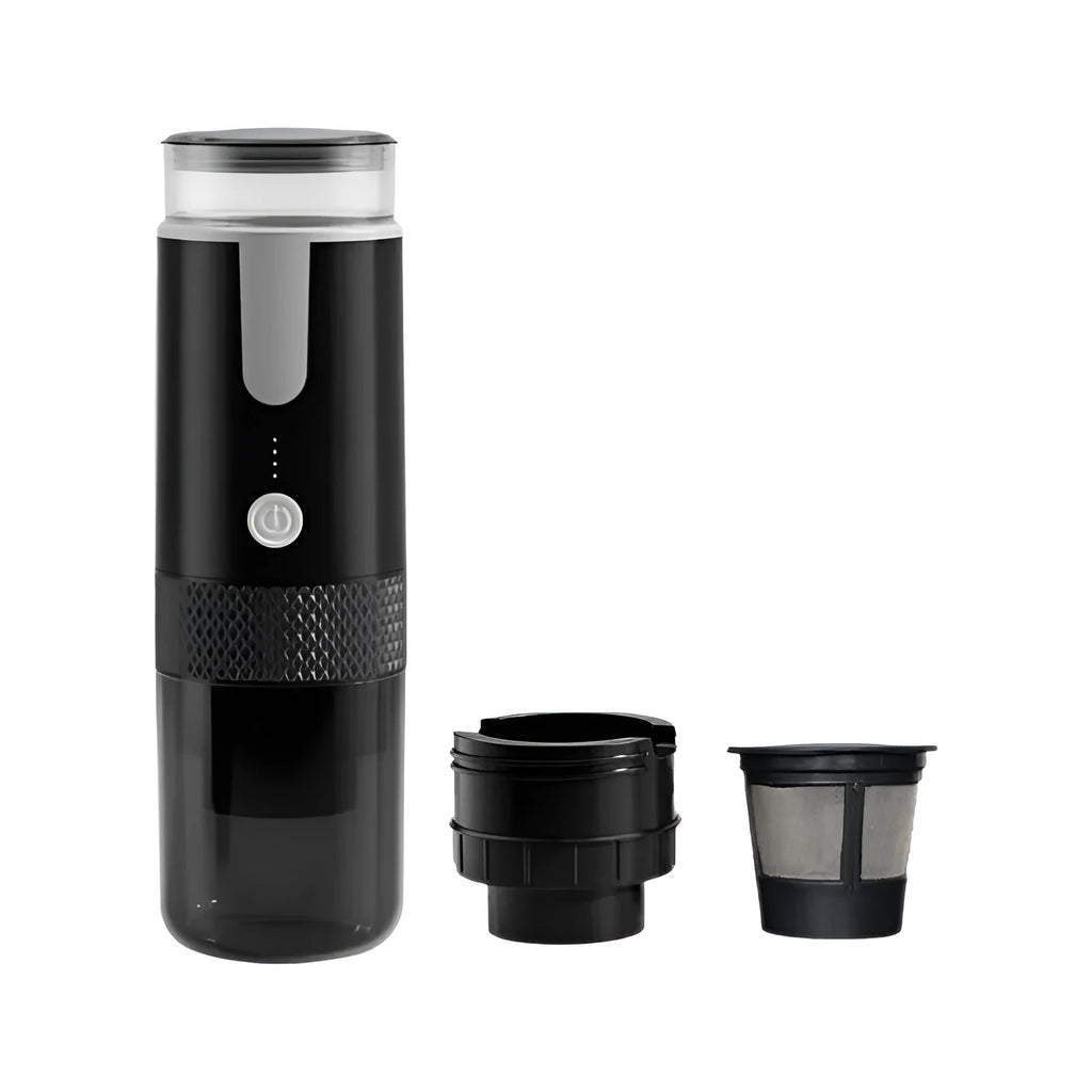 Black portable coffee machine compatible with K-cup capsules for car and camping use