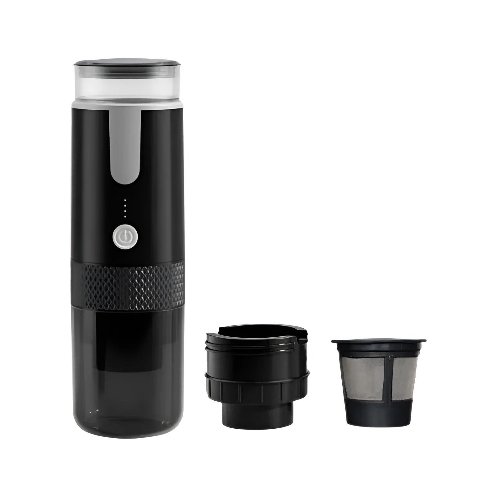 Black portable coffee machine compatible with K-cup capsules for car and camping use