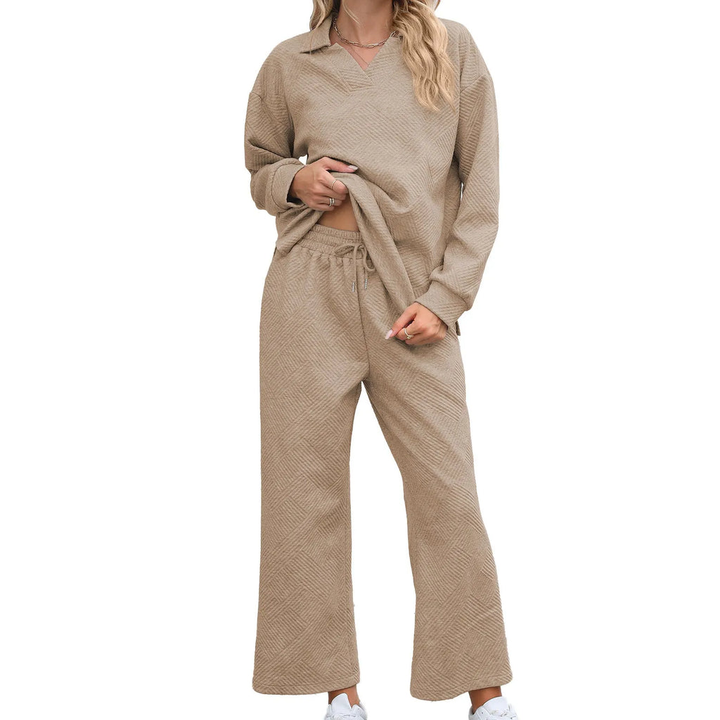 Women's solid colour knitted jacquard two-piece suit with lapel top and elastic waist cropped trousers