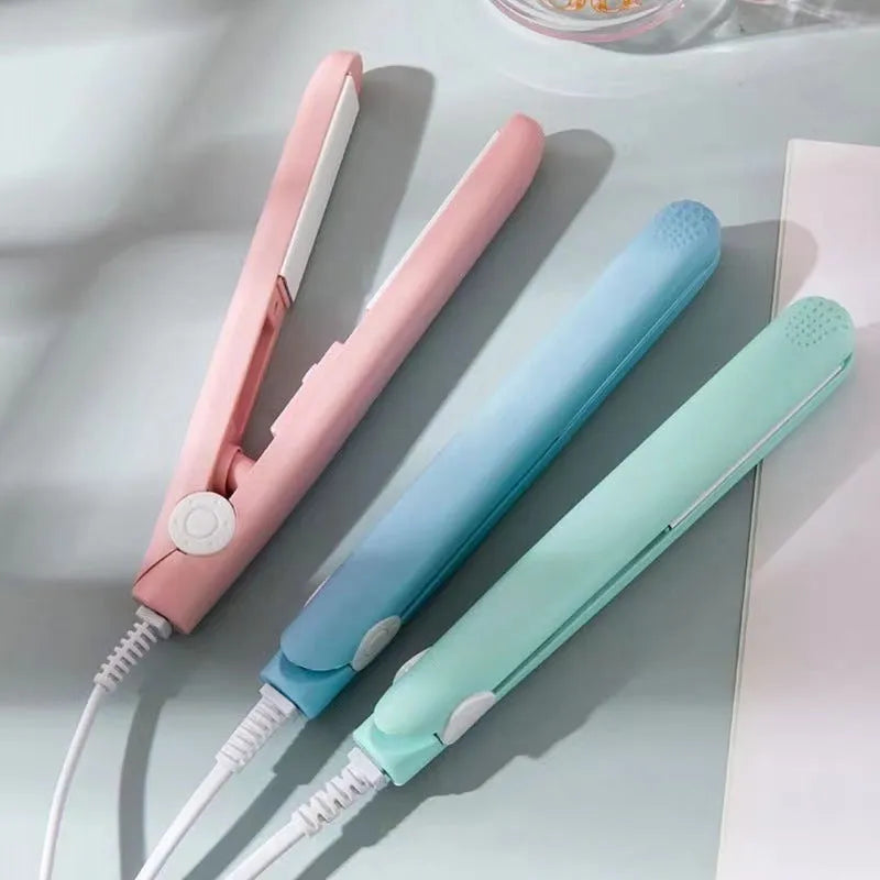 Mini hairdressing splint straightening iron for bangs styling with storage box in blue, pink, purple, white, or yellow colours