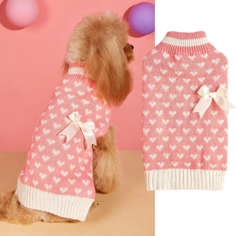 Red love heart design acrylic knit dog sweater for small dogs in size S.
