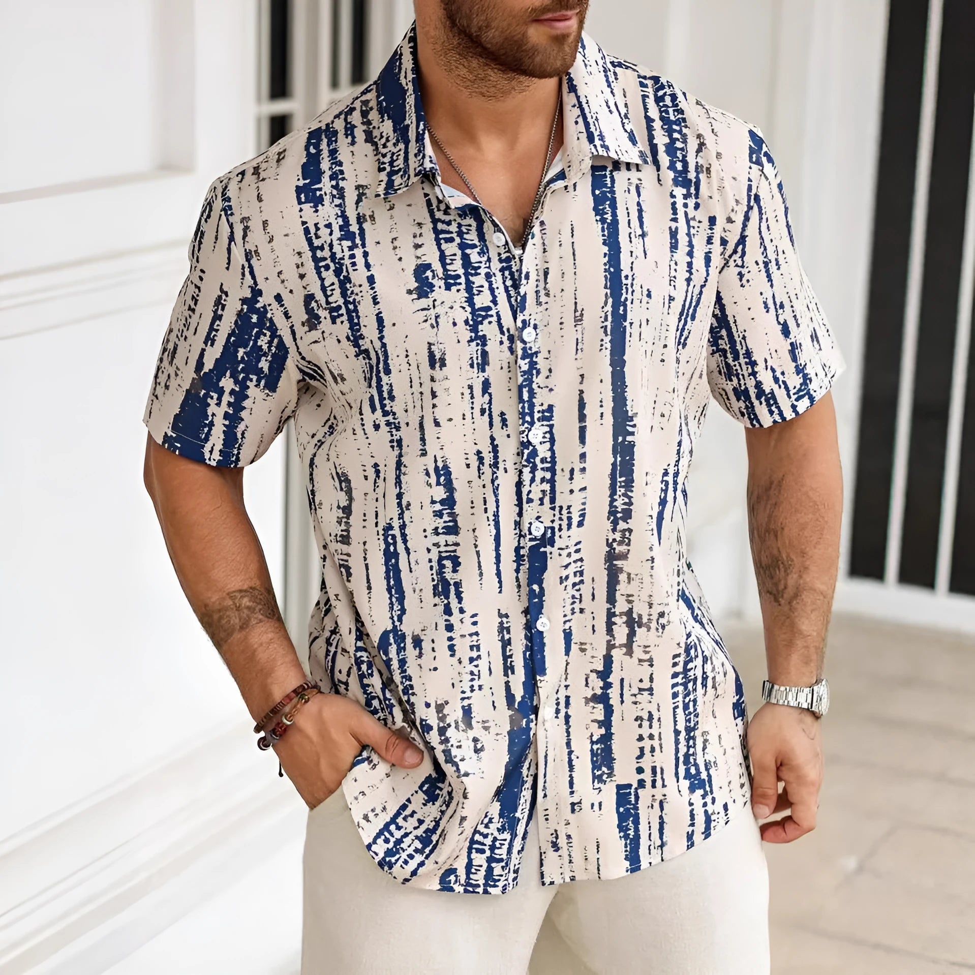 Men's short sleeve casual shirt with blue and white stripes, 3D digital printed on lightweight polyester fabric.