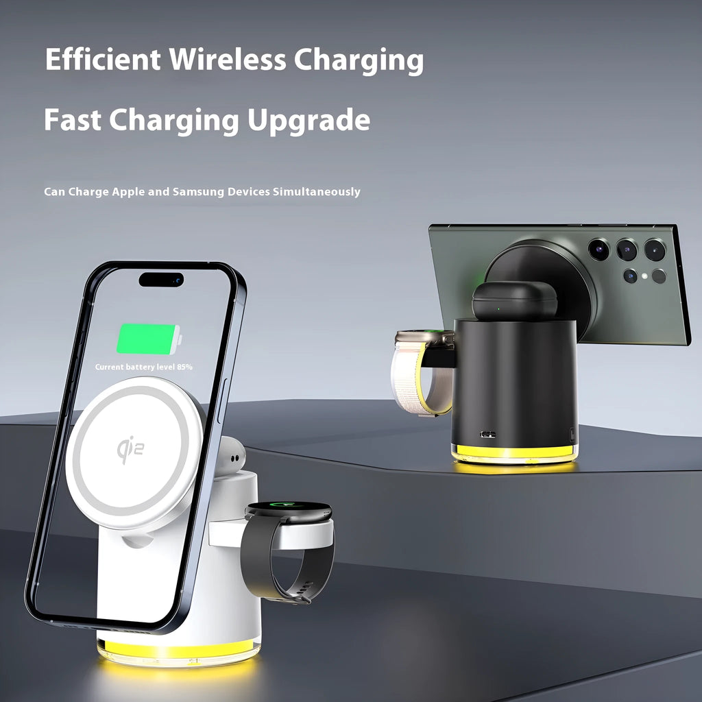 C16 portable magnetic three-in-one wireless folding charger in black or ivory white colour charging phone watch and earbuds