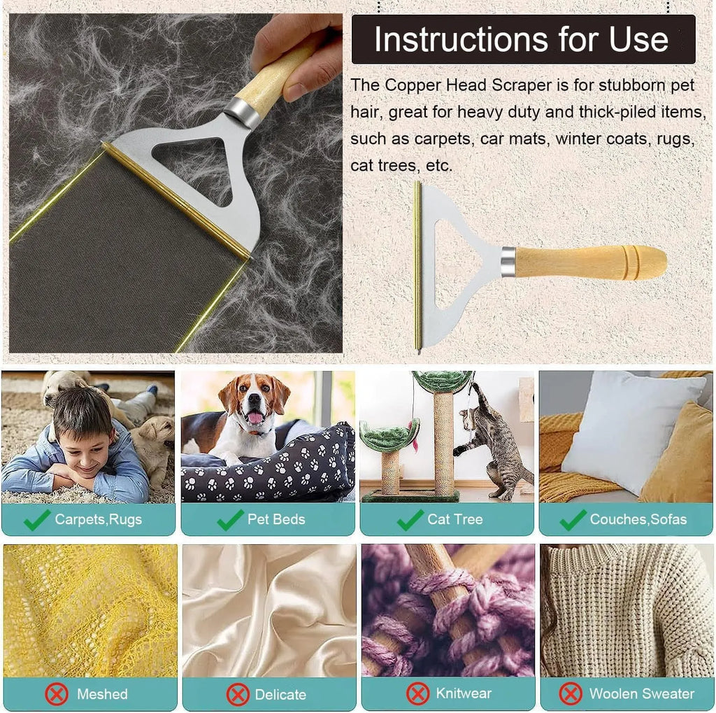 Three-piece pet hair remover set with metal tool, silicone brush, and round ABS/TPR cleaner on a carpet.