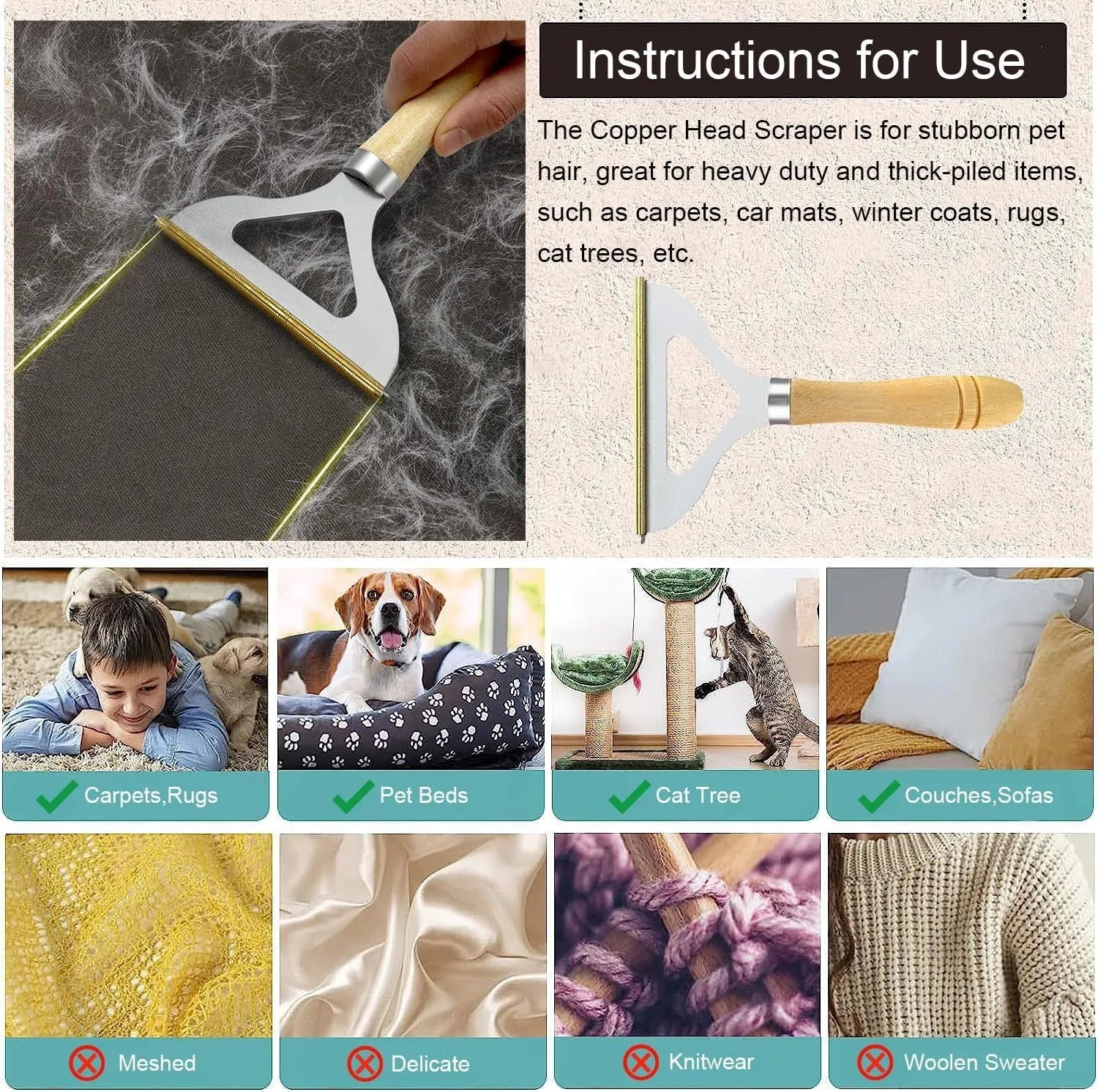 Three-piece pet hair remover set with metal tool, silicone brush, and round ABS/TPR cleaner on a carpet.
