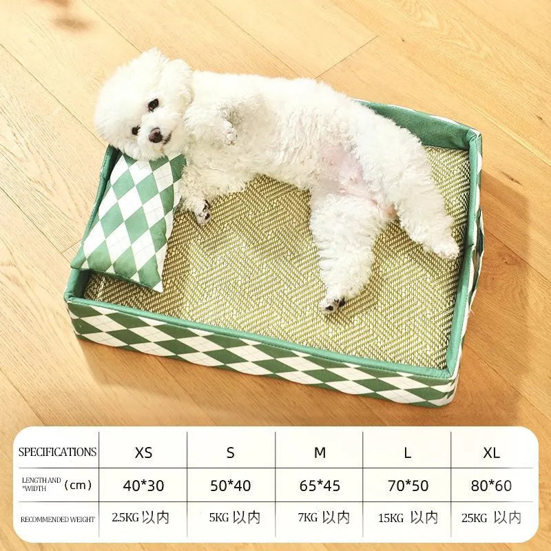 Natural rattan woven cat litter mat with removable bamboo cotton cushion cover in blue.
