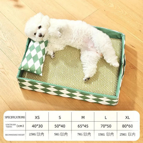 Natural rattan woven cat litter mat with removable bamboo cotton cushion cover in blue.