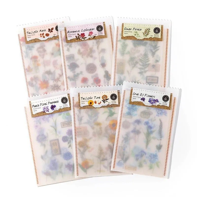 Huazhisen Series sticker material pack showing forest label designs on transfer paper and cotton linen sheets