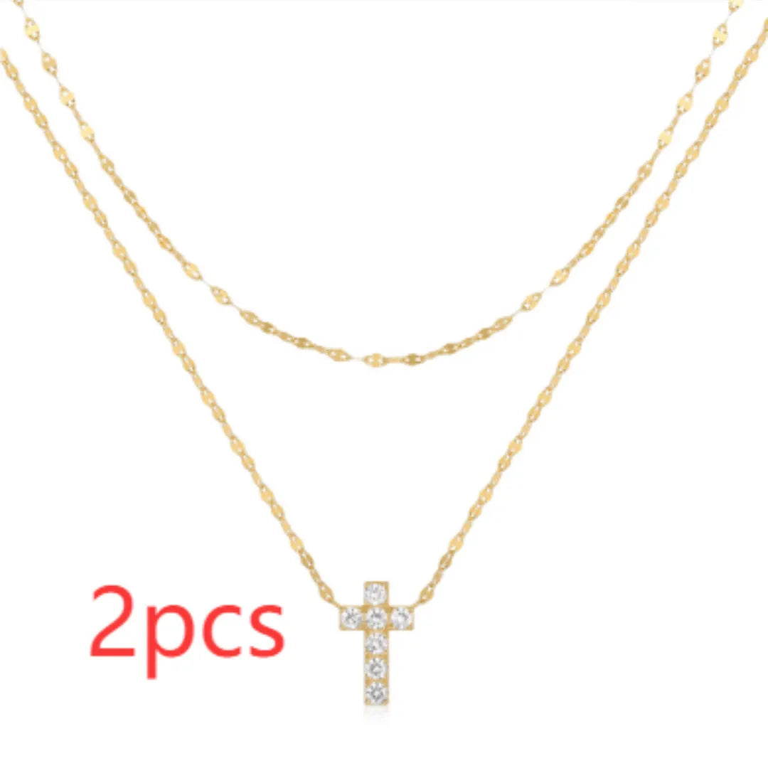 S925 sterling silver double layer geometric cross pendant with twin diamond patterns on clavicle chain