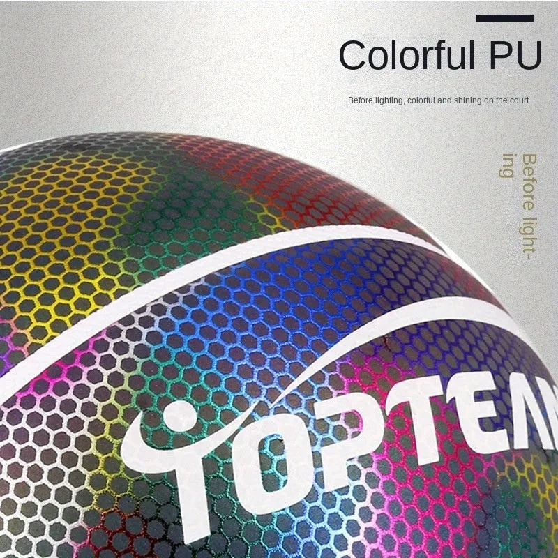 Holographic reflective basketball with fluorescent coating showing size 7 dimensions and wear-resistant PU surface