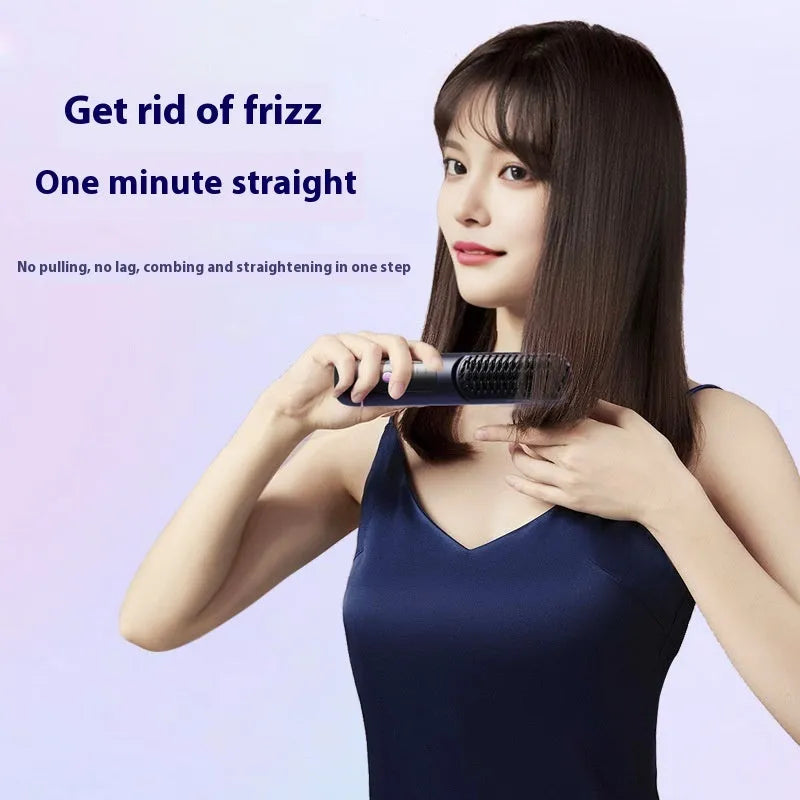 Portable negative ion straight hair comb in blue, grey, or white, showing its 15-20cm length and ABS plastic body.
