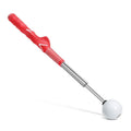 Stainless steel telescopic golf swing simulator trainer on a plain background