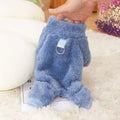 Blue double-sided plush dog clothing with high collar and towing ring on model dog