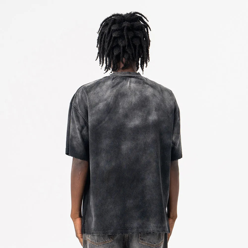 Men's black cotton T-shirt with printed letters, loose street style, and drop-shoulder sleeves