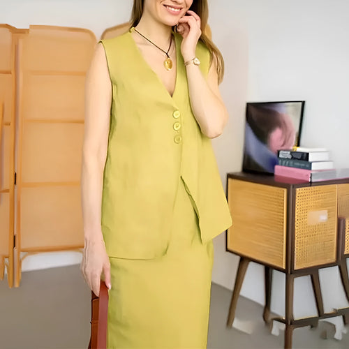 Blue polyester sleeveless vest and long skirt two-piece casual outfit on mannequin
