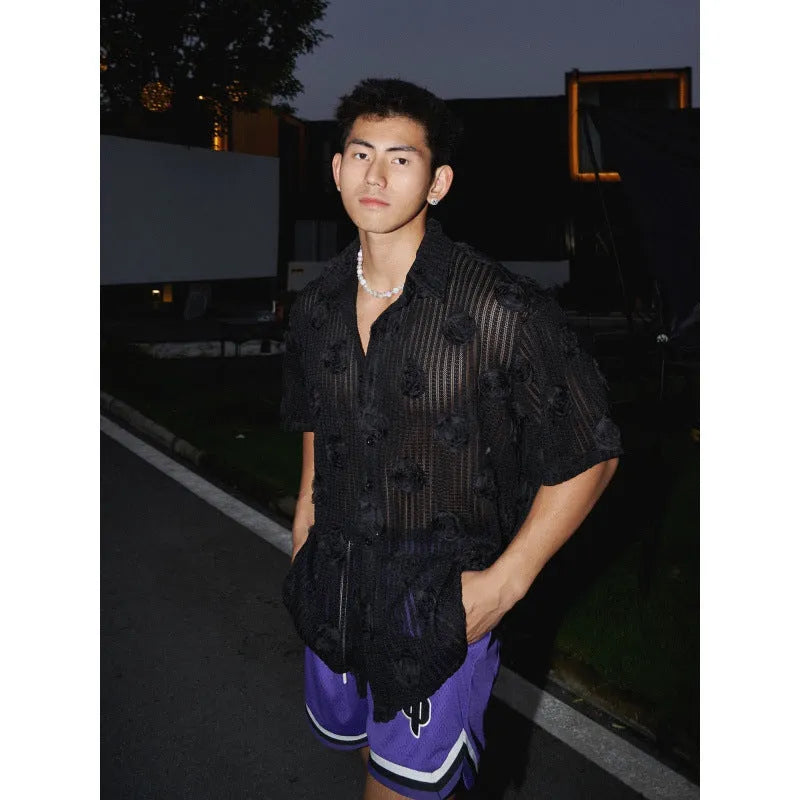 Heavy industry three-dimensional floral print on a loose-fit plus-size short-sleeved shirt for men.