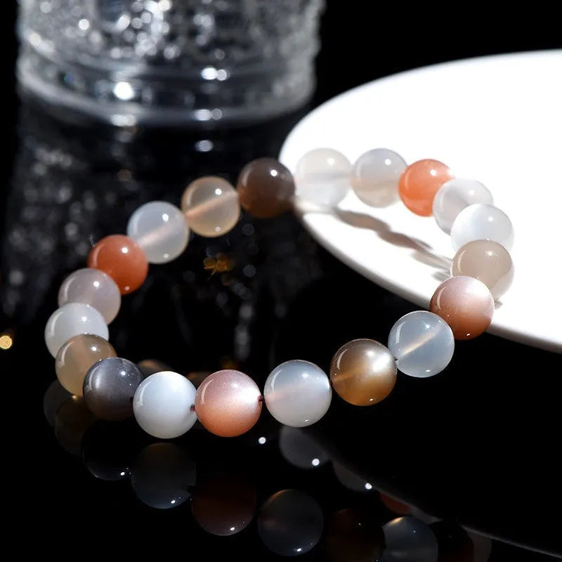 Natural moonstone bracelet with 8mm colourful moon light beads on wrist
