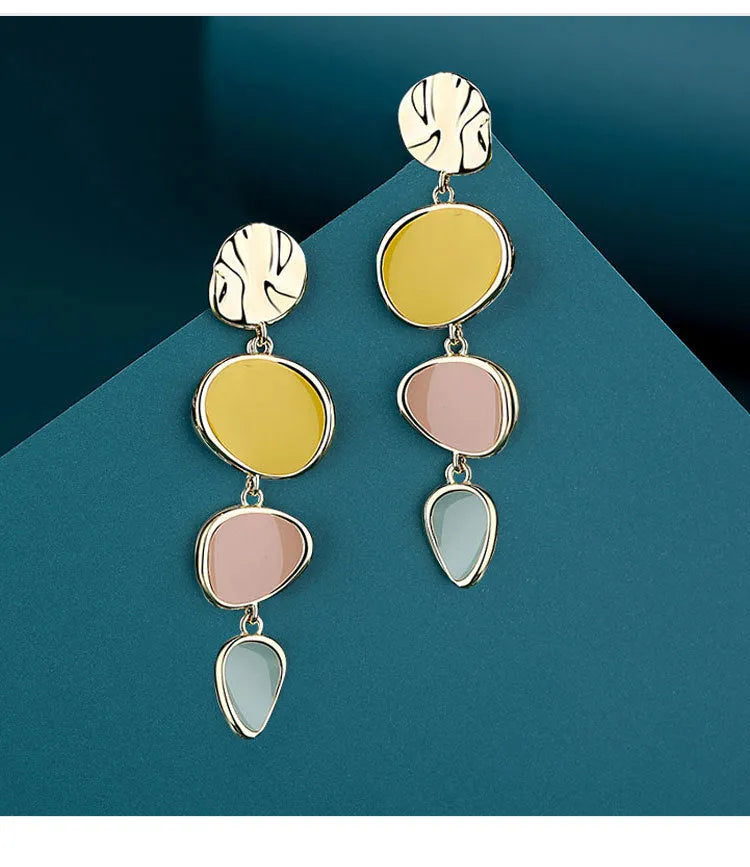 Morandi three-colour oil drip texture on disc-shaped wafer earrings with sterling silver needle