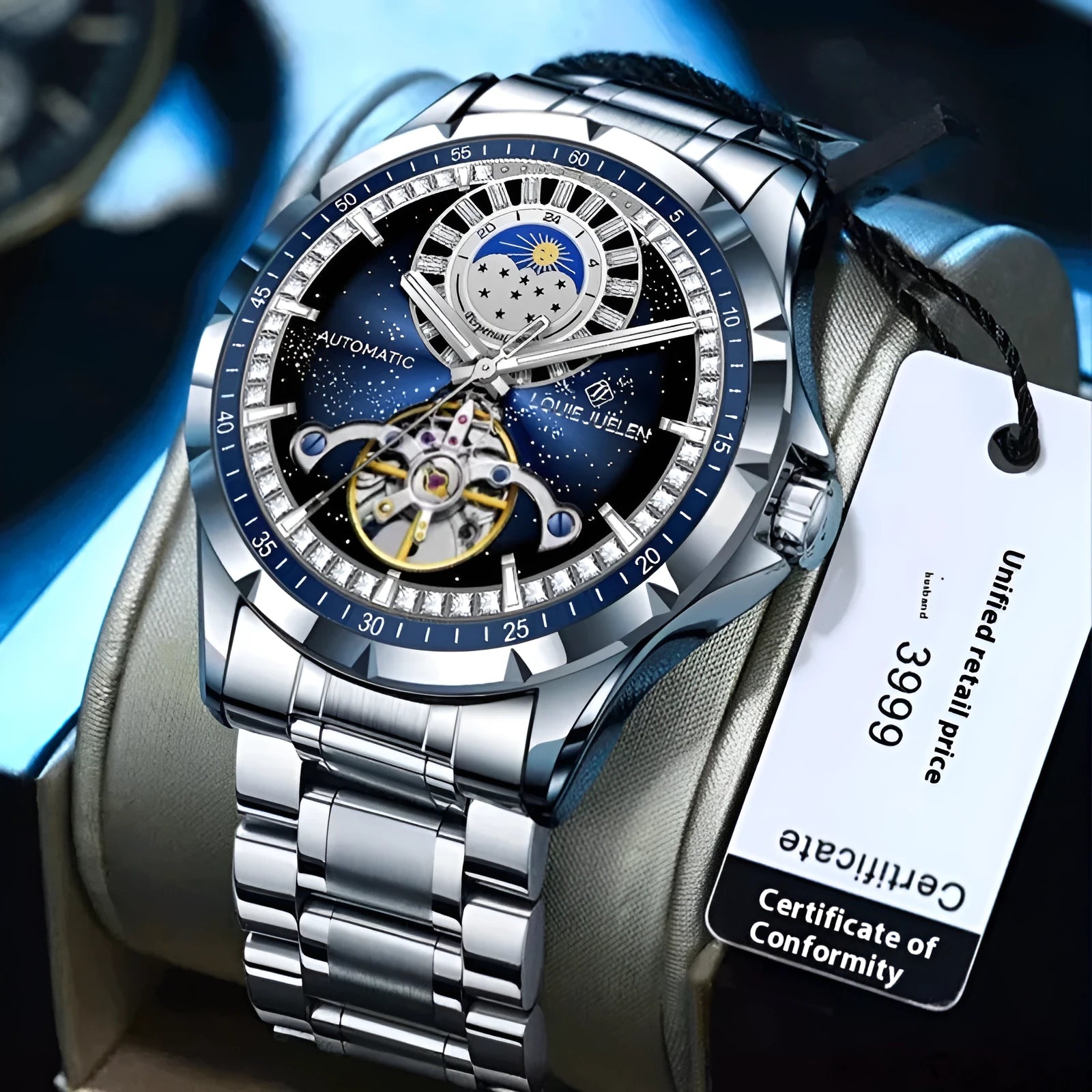 Men's silver automatic mechanical watch with blue dial on stainless steel strap