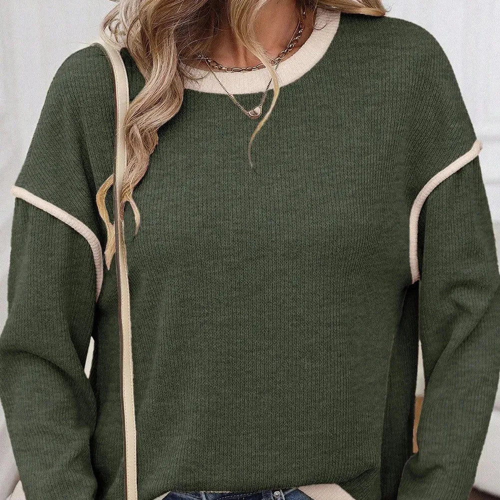 Women's knit drop shoulder top with four leaf clover design and contrast colour trim