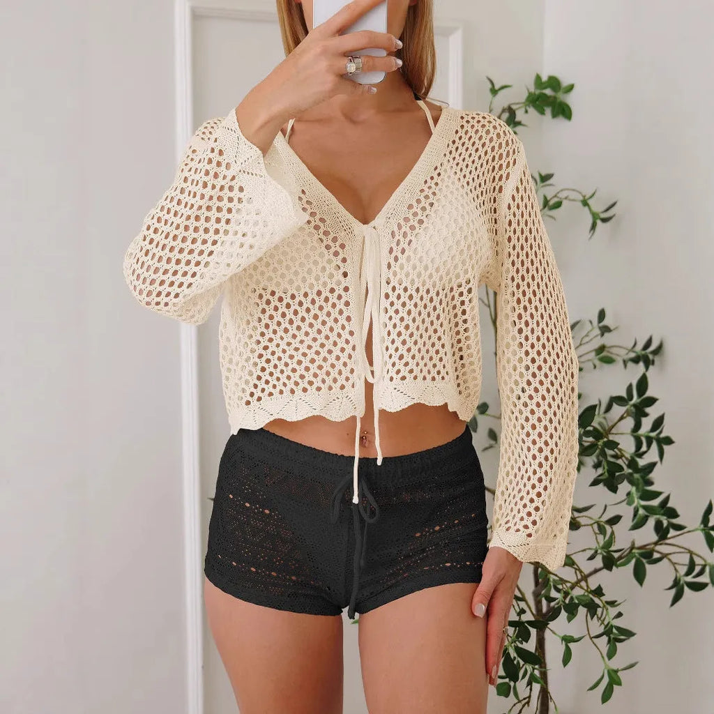 Women's short hollow woven cardigan blouse with bell sleeves in apricot colour