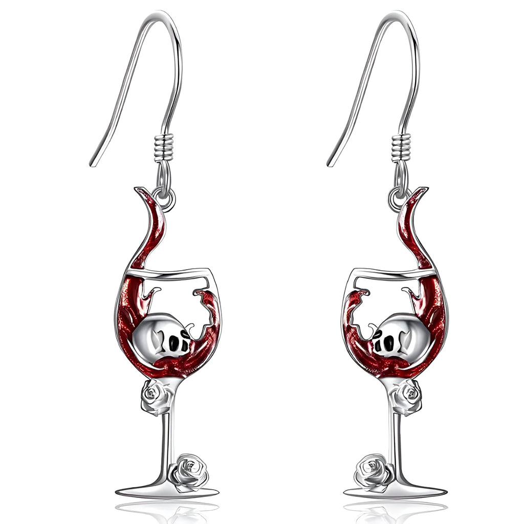 Silver-toned Halloween earrings with geometric skull and wine glass design in electroplated zinc alloy