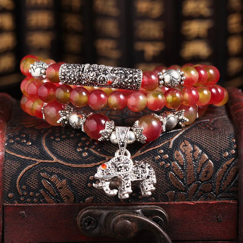 Handmade watermelon crystal bracelet with Chinese knot and geometric beads in two size options