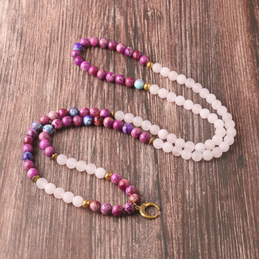 Pink crystal emperor stone beads pendant necklace with round elements for casual unisex fashion wear