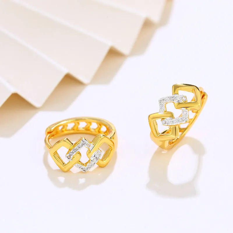 Geometric hollow-out gold electroplated alloy earrings with colour separation detail on ear clips