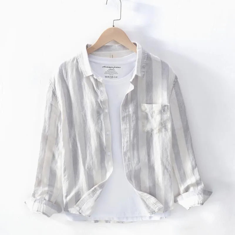Men's Hong Kong style loose fit long sleeve shirt in blue or light grey