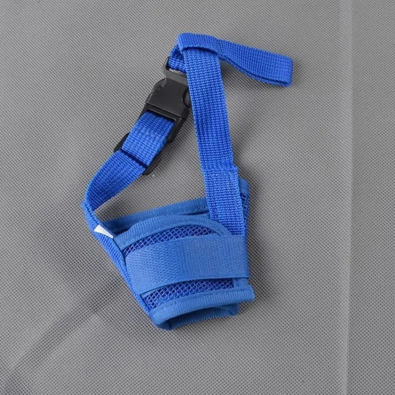 Adjustable plastic dog muzzle in assorted colours on a size chart showing measurements from 12cm to 34cm.