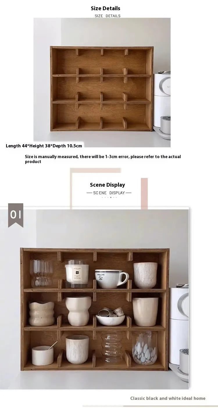 Square solid wood storage rack with multiple grid tiers in a natural birch wood finish.
