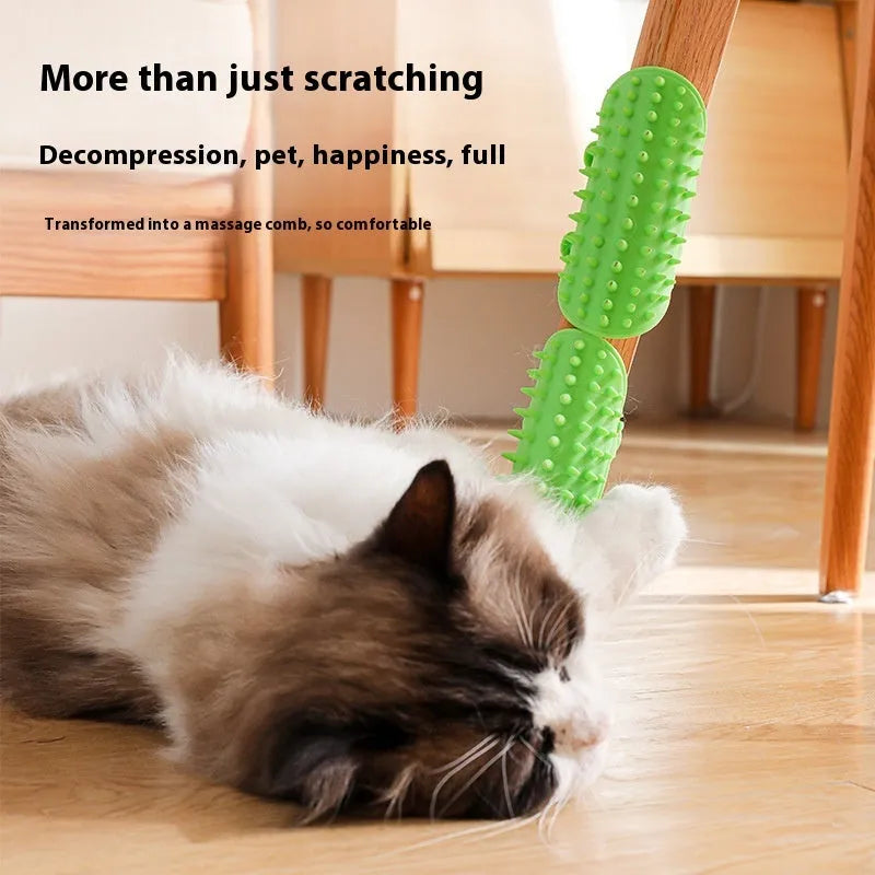 Silicone cat grooming comb with adjustable strap fastened to a table leg for self-cleaning