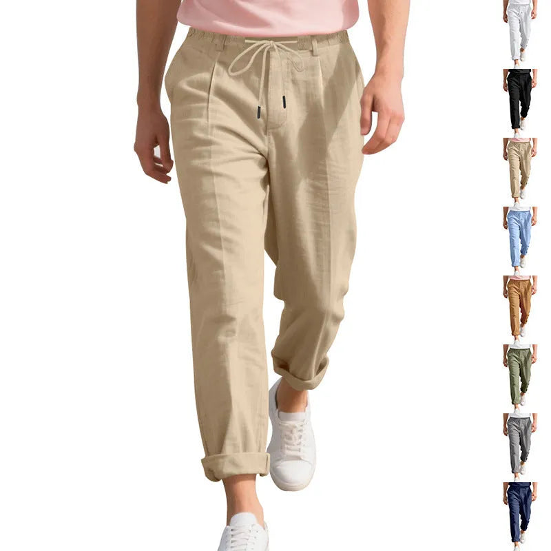 Men's linen casual trousers in straight leg style with drawstring waist in light khaki colour