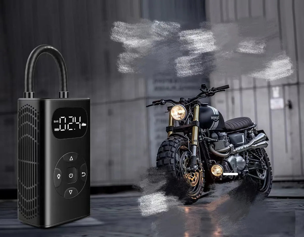 Black aviation aluminium portable electric air compressor and power bank with USB cable and inflatable tube.