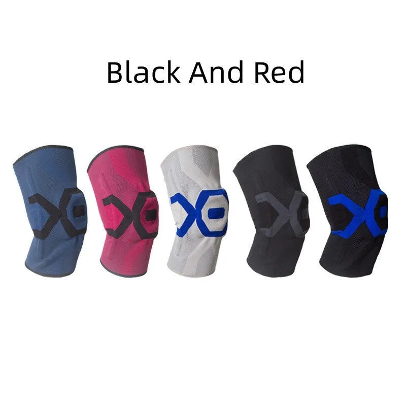 Silicone knee pad for men in black and blue colour, shown on a knee during activity.
