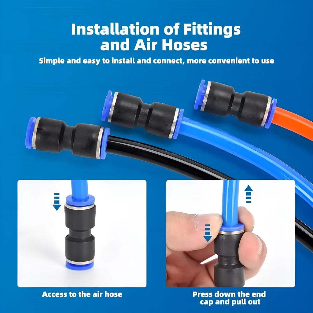 60-piece alloy plastic pneumatic push-in connector set with R1/4 and R1/2 thread fittings