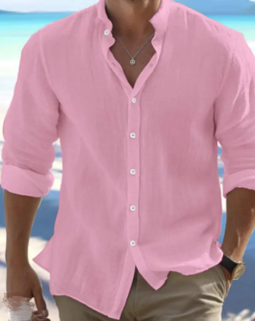 Men's light blue long-staple cotton casual summer shirt with button front and collar on a hanger.